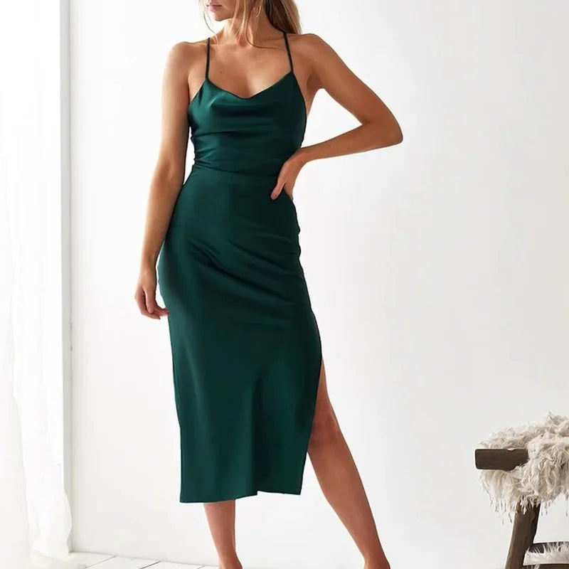 Sexy Satin Floral Midi Dress
